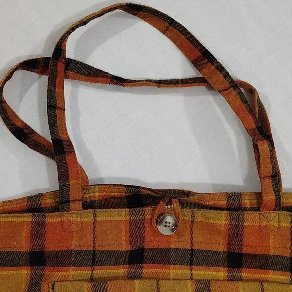 Maurices Plaid Flannel Tote Bag Button Closure Front Pocket Striped Lining - Picture 6 of 16